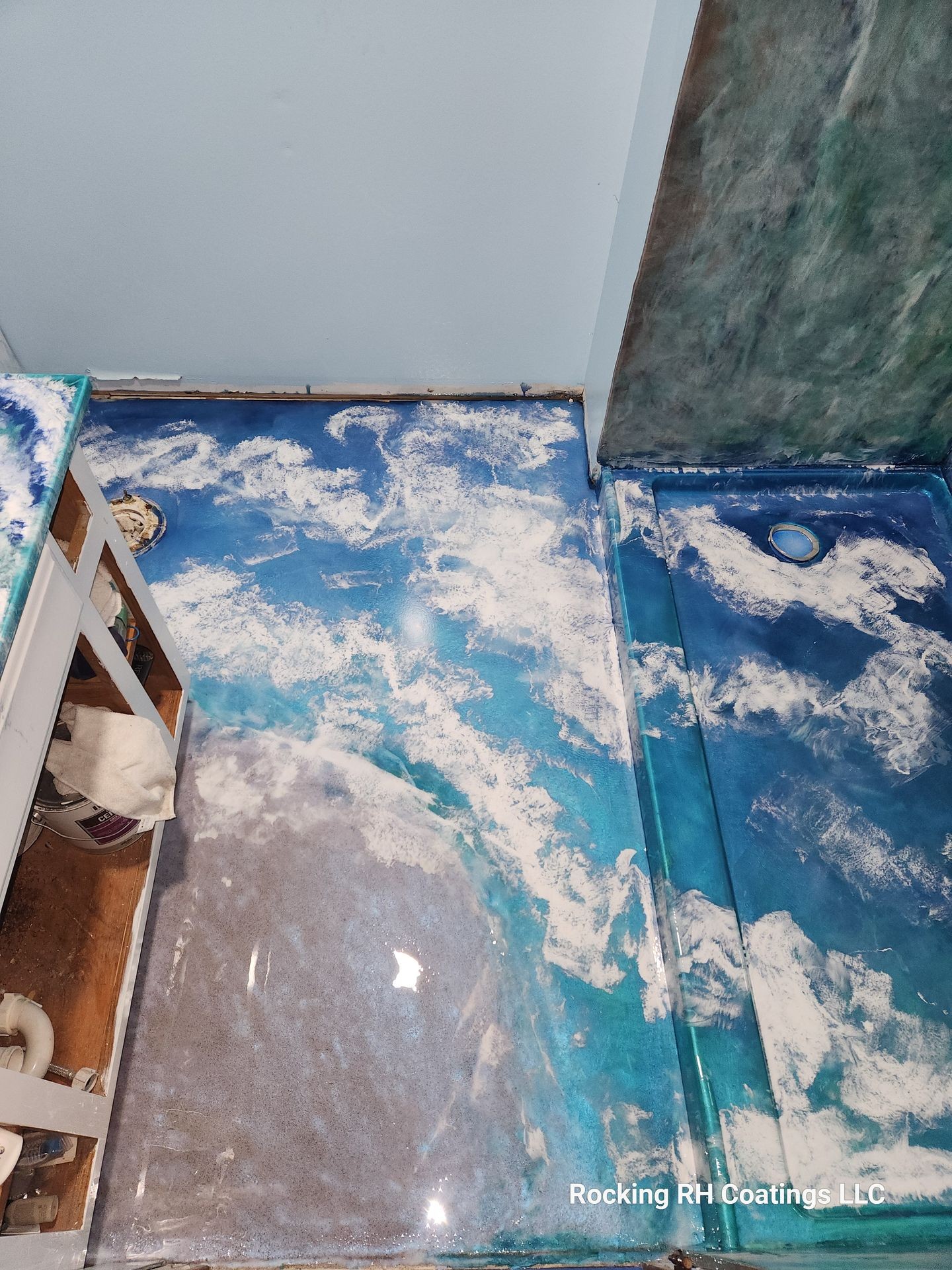 sea side epoxy floor, ocean view, bathroom, shower, 